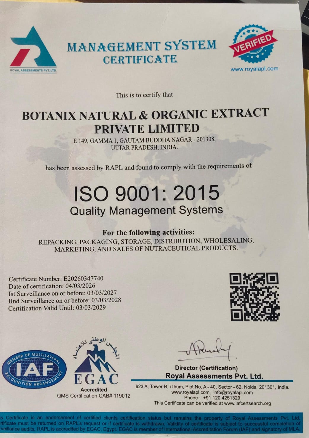 ISO 9001:2015 Certificate of Registration Botanix Natural